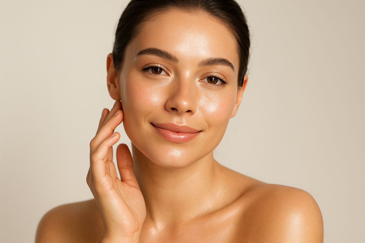 i need an image of a woman with very nice glowing skin for my store we are selling ghkcu serum